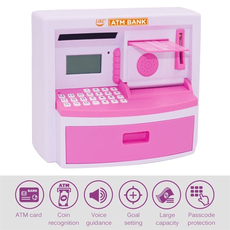 

Electronic Piggy Bank ATM Mini Password Money Box Deposit Banknote Cash Coins Saving Box Calculator Alarm Clock Kids Gift LJ201212