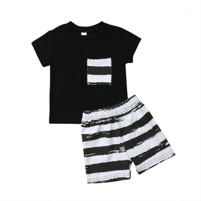 

2020 New Toddler Kid Baby Boys' Summer Clothes Pocket T-Shirt Tops+Striped Short Pants Casual Outfit Set Summer Clothing1, Black