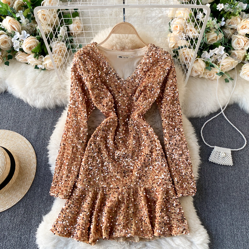 

2021 New Female singiny glowing sequins fashionable long line dresses to chic autumn frills short party dress UZ3D, Black