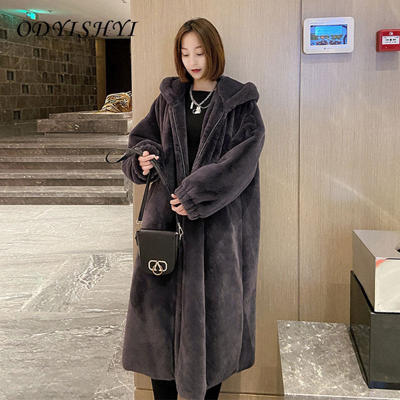 

Faux Coat Female Thick Winter New 2020 Loose Plush Hooded Jacket Lady Oversize Casual Long Warm Outwear Women Parka D26, Black