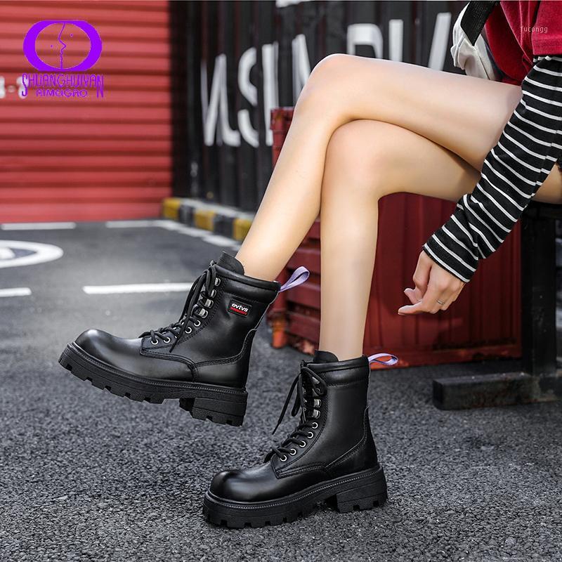 

AIMEIGAO 2020 Autumn Winter Classical Boots Women Thick High Heel Ankle Boots Female Lace-Up Sewing Motorcycle Lady1, Black