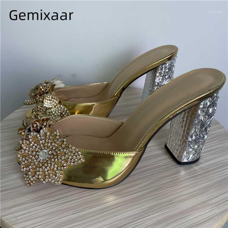 

Luxury Rhinestone Flower Decor Runway Mules Jeweled Diamond High Heels Sexy Open Toe Gold Patent Leather Summer Slippers Women1
