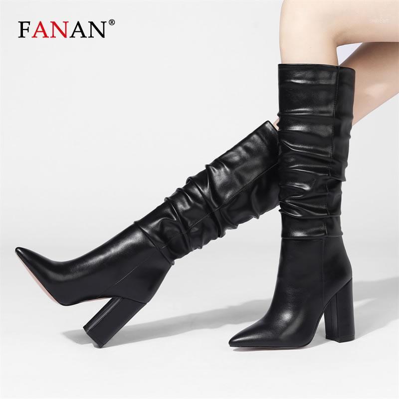 

FANAN Brand Women Boots Pleated Leather Sqaure High Heel Knee High Boots Pointed Toe Autumn Winter Slip On Long Black Red1