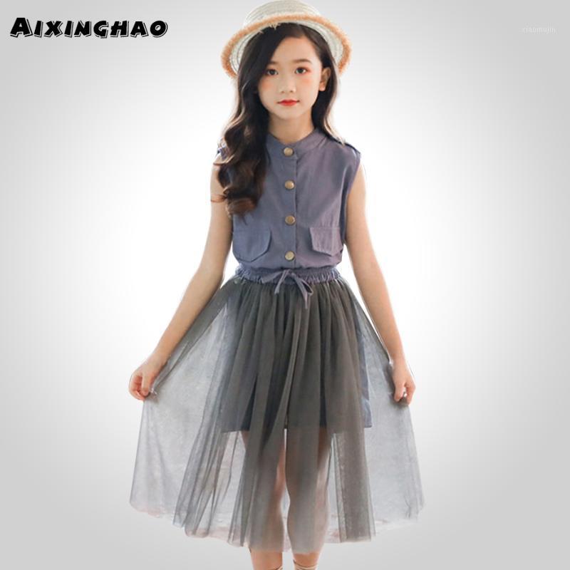 

Kids Summer Clothes Girls Solid Clothing For Girls Vest + Mesh Skirt Big Clothes Teenage Children's Costume1, As picture