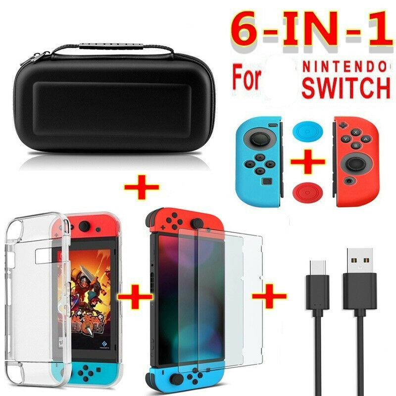 

6 in 1 game accessory set Black red blue For Nintend Switch Travel Carrying Bag Screen Protector Case Charging Cable