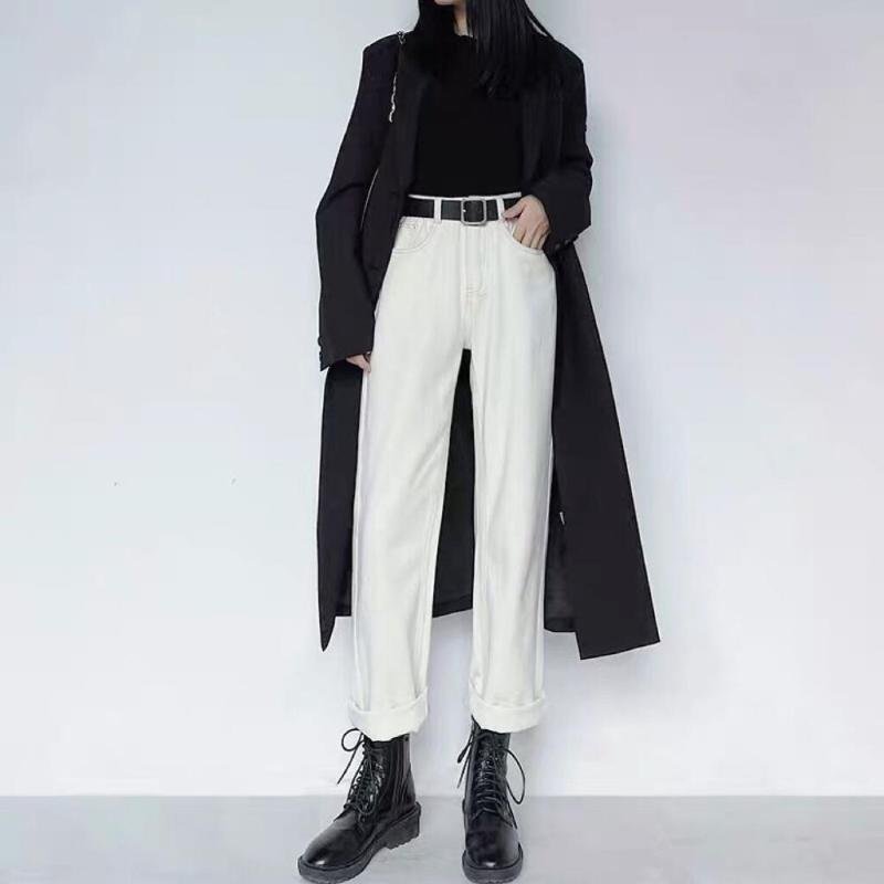 

Korean Style Ladies Straight Leg Jeans Trousers 3XL Plus Size Casual High Waist Denim Pants Women Chic Loose White Jeans