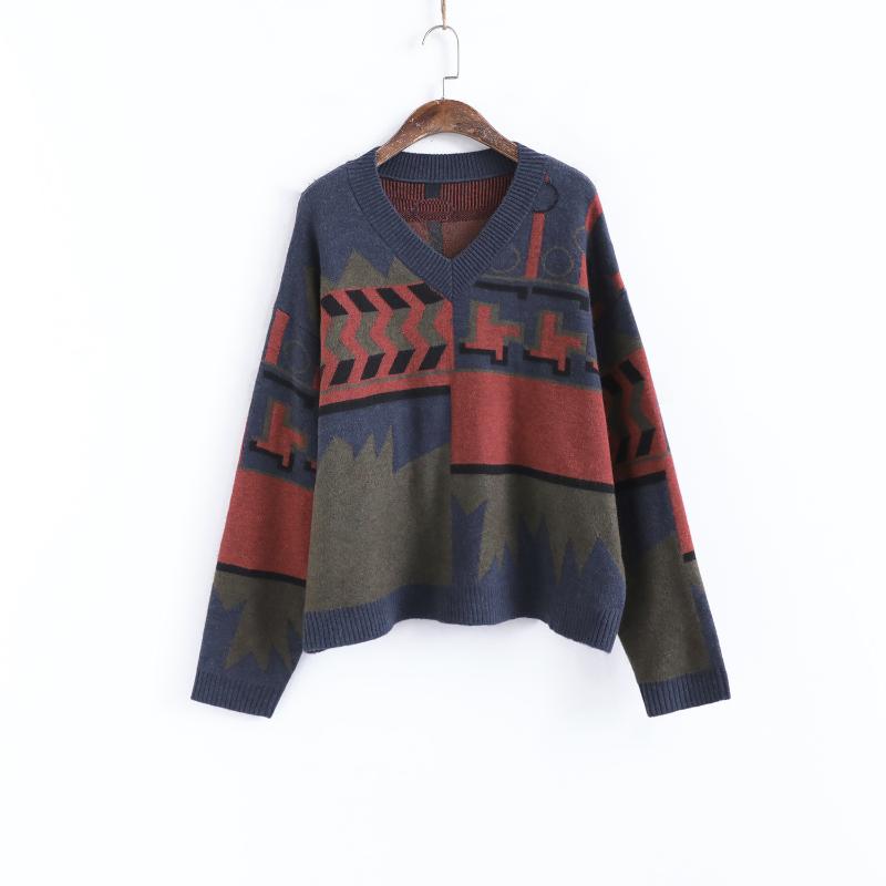 

Irregular Women Sweater V neck Fashionable Contrast Color Autumn Spring Long Sleeves New Casual Vintage Vintage Women Knit Coat