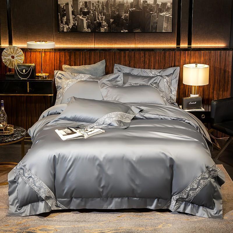 

47 1000TC Egyptian Cotton Silver Grey High End Quality Duvet Cover Set 4Pcs Soft Queen King size Bedding set Bed Sheet, Color 1