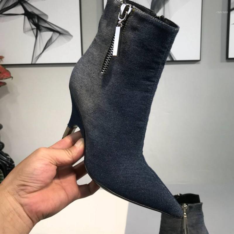 

Winter Plus Size Pointed toe Pure Color Lace up Ankle Boots boots Fashionable Denim Thin heel prom Women Shoes1, As pic