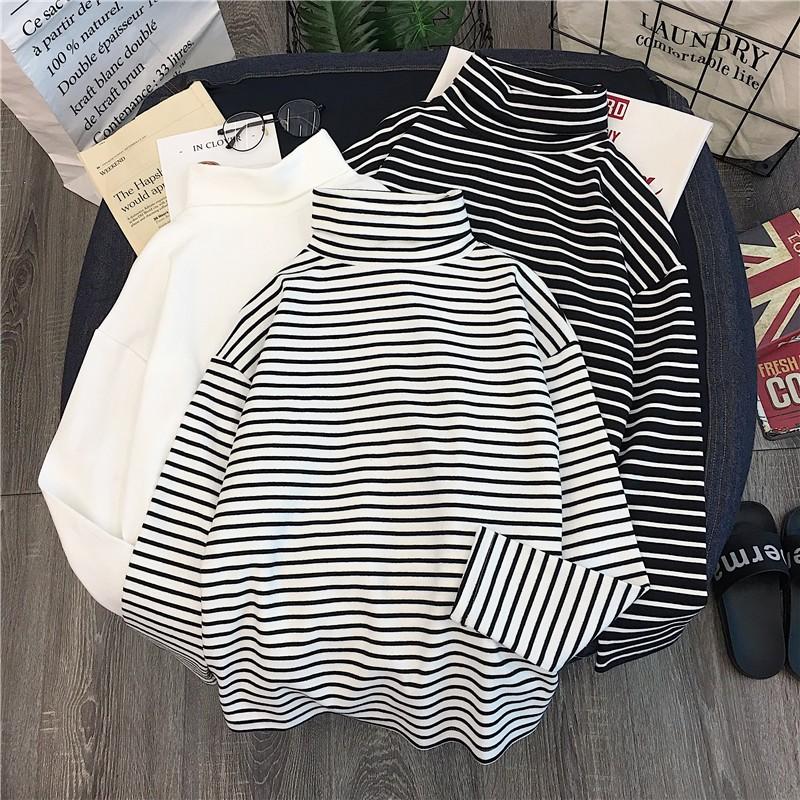 

T-shirts Women White Black Striped All-match Korean Style Streetwear T Shirt Womens Turtleneck High Quality Trendy Clothes Chic, White2