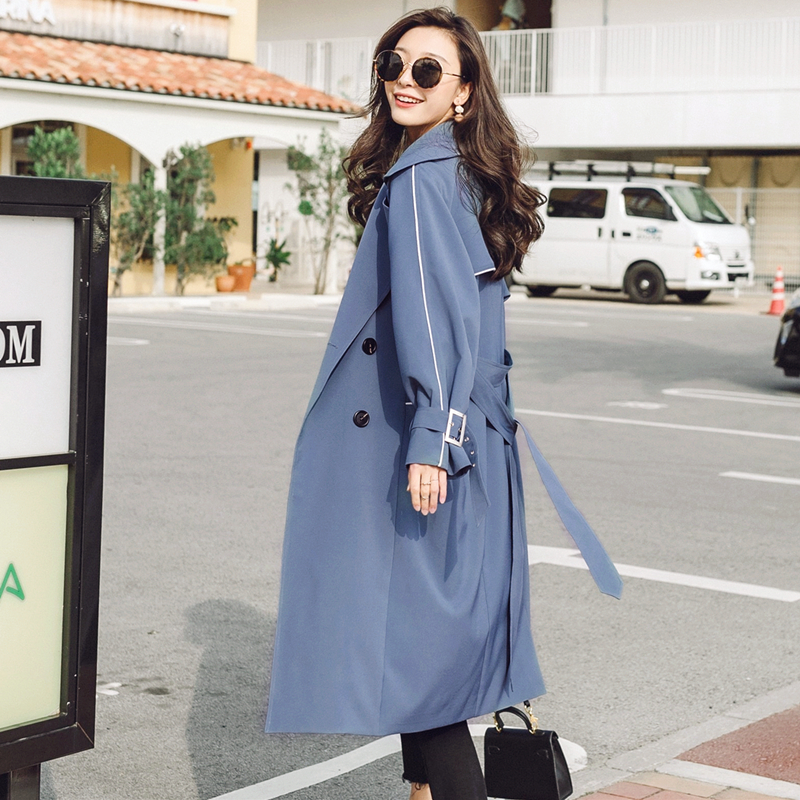 

2021 New new autumn windbreaker female mid-length knee-length Korean of the spring temperament black coat popular jacket F3MF, Haze blue