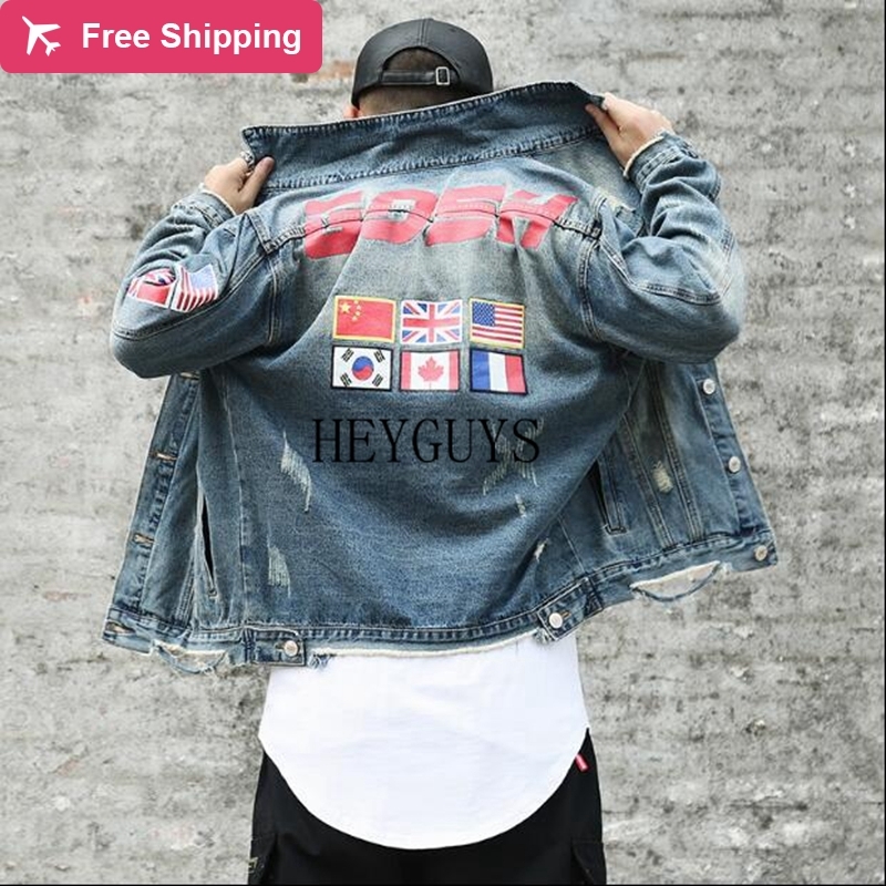 

Nagri free shipping 2020 new style tide mark hole denim imprint the flag of men retro washing worn water jacket jeans, Blue