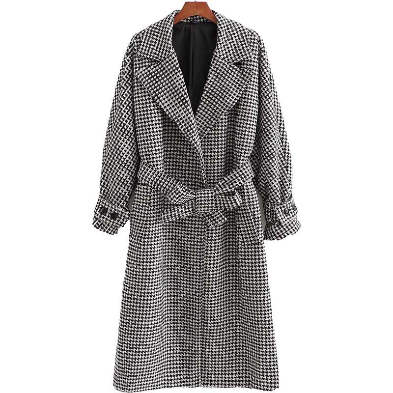 

PUWD Vintage Woman Grey Houndstooth Long Loose Woolen Coat 2020 Fashion Ladies Autumn Sashes Outerwear Female Oversized Jackets