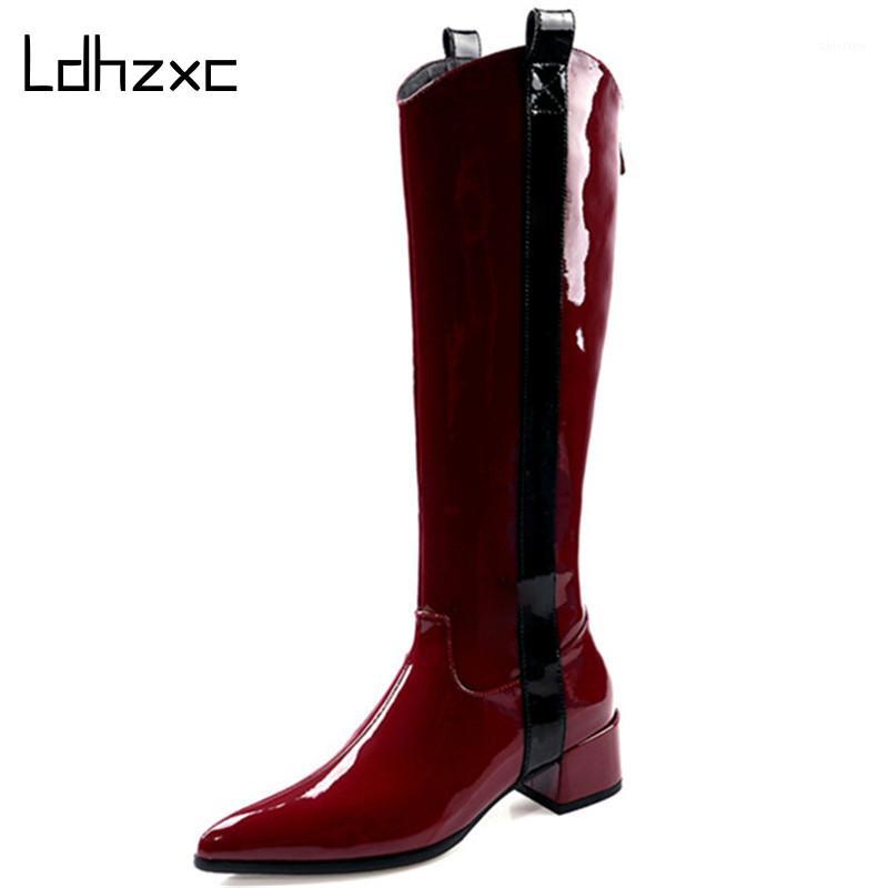 

LDHZXC 2020 new arrival knee high boots women patent leather autumn Knight boots pointed toe med heels punk shoes ladies1, Black