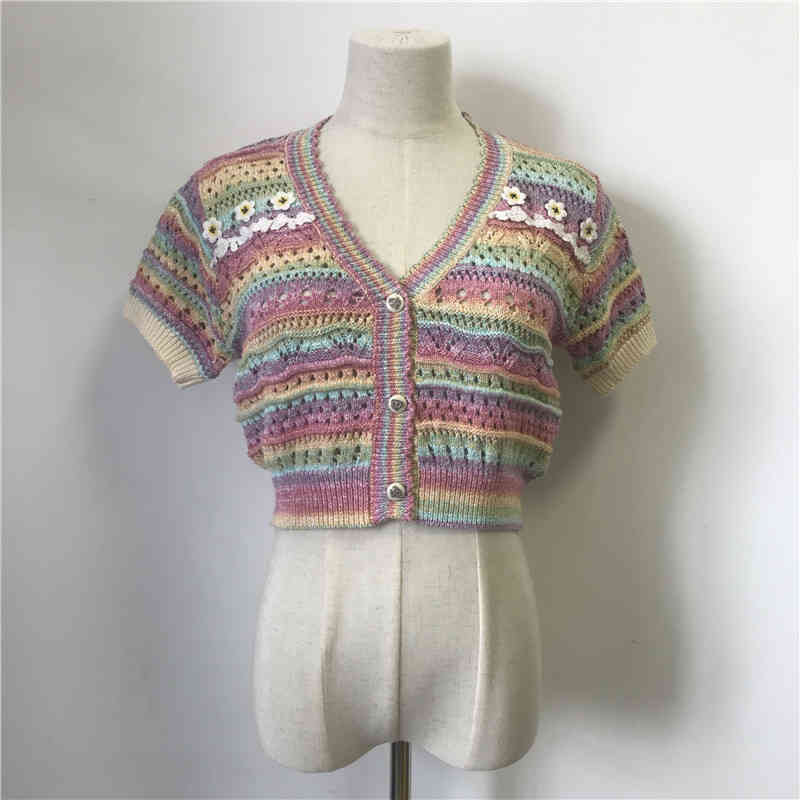 

summer clothes new style temperament commuting thin color stripe hollowed out V-Neck Sweater short Cardigan Jacket Women Clothing 60% off, Picture color