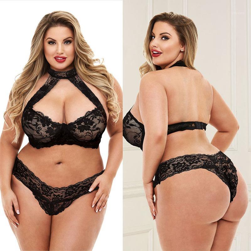 

Bras Sets Lingerie Plus Size Women Sexy Underwear Erotic Bra And Panties Halter Lace Suit For Fat Female 3XL - 5XL Sleepwear1, Black