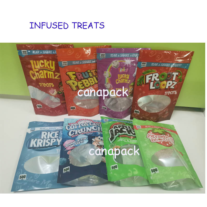 

INFUSED TREATS 500mg packing bags Caramel treats Fruity Pebblez medicatd candy gummies Lucky charmz Treats edibles candy