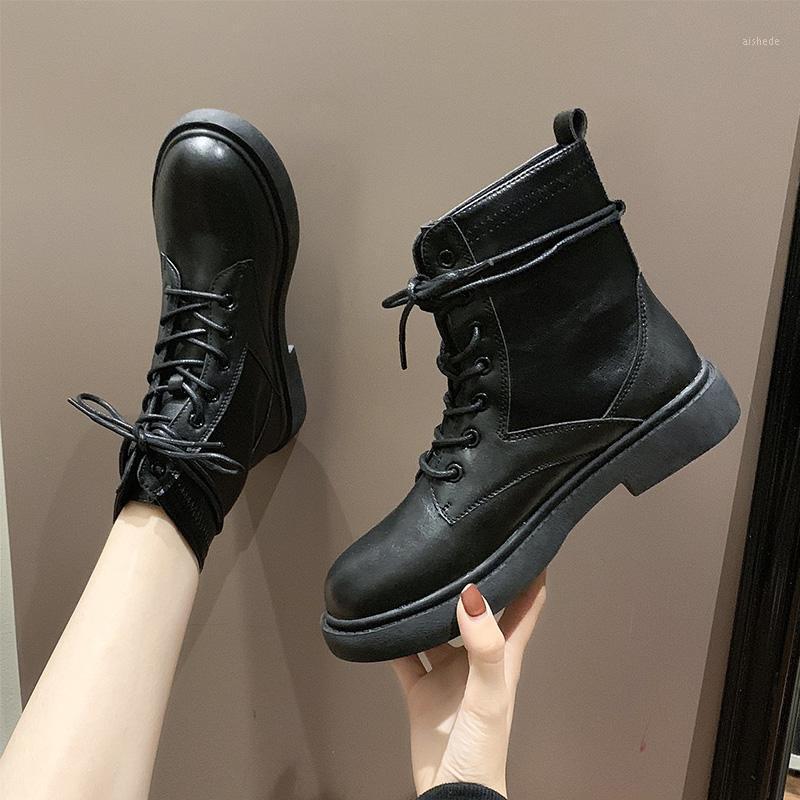 

Lace Up Boots Women's Low Shoes Boots-Women Flat Heel Luxury Designer Round Toe Mid-Calf 2020 Autumn Rock Rubber Fashion Mid Cal1