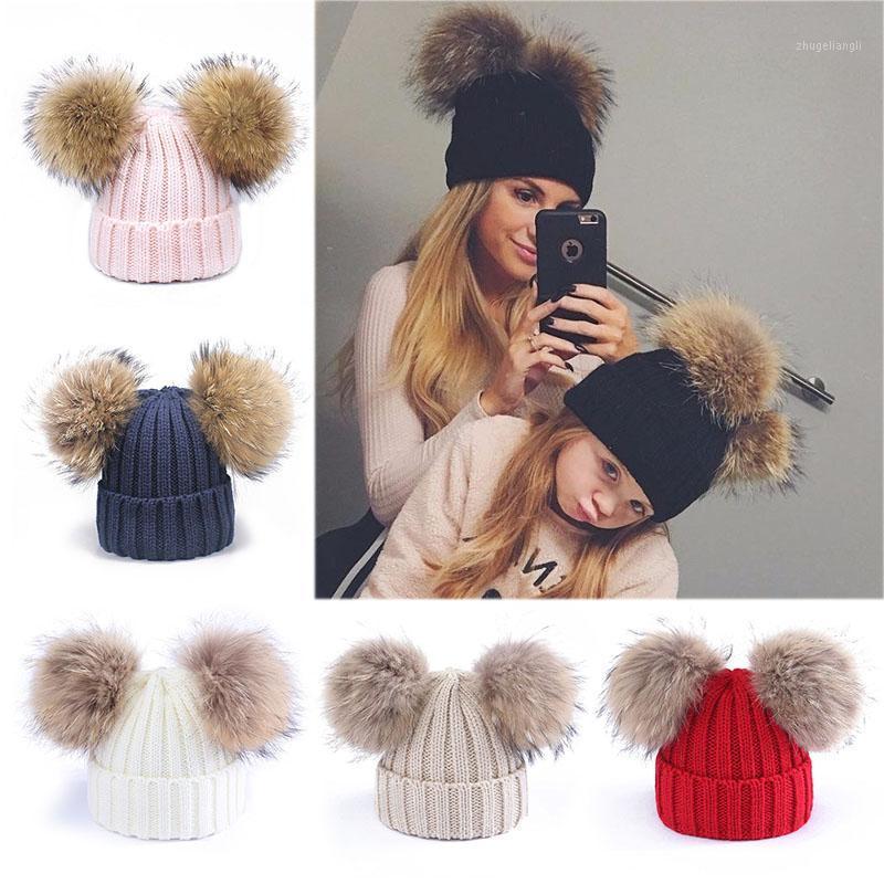 

1Pcs Warm Mom Baby Hat Parent-Child Raccoon Fur Bobble Beanie Cotton Striped Knitted Parent-Child Hat Winter Beanie kpop1
