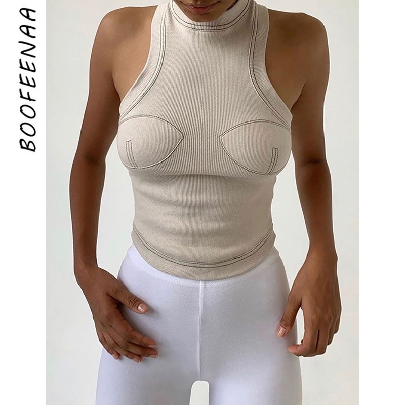 

BOOFEENAA Trendy Ribbed Knitted Tank Top Women Autumn Winter Fashion Tops Black Apricot Sexy Crop Tops Shirts C87-H41 Y200422