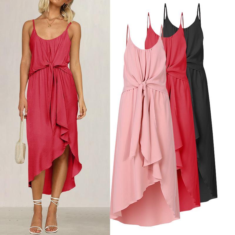 

Celmia Summer Sundress Women' Sexy Straps Irregular Long Shirt Dress Plus Size Backless Ruffles Robe Casual Knot Beach Vestidos, Black