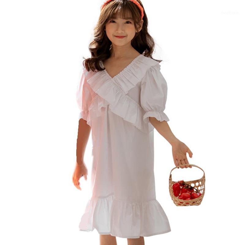 

4 to 16 years kids & teenager girls summer v-neck ruffle cotton casual flare dress children girl fashion solid dresses clothing1, Orange