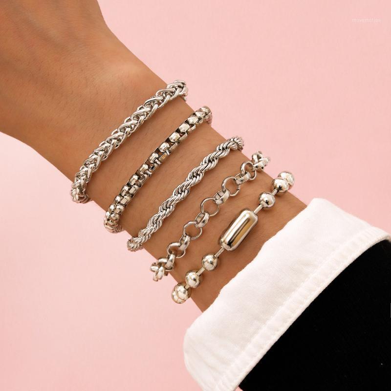 

5 Pcs/Set Punk Silver Color Thick Big Bead Chain Bracelet for Women 2021 Fashion Jewelry Hand Chain Bracelet Female Gift New1