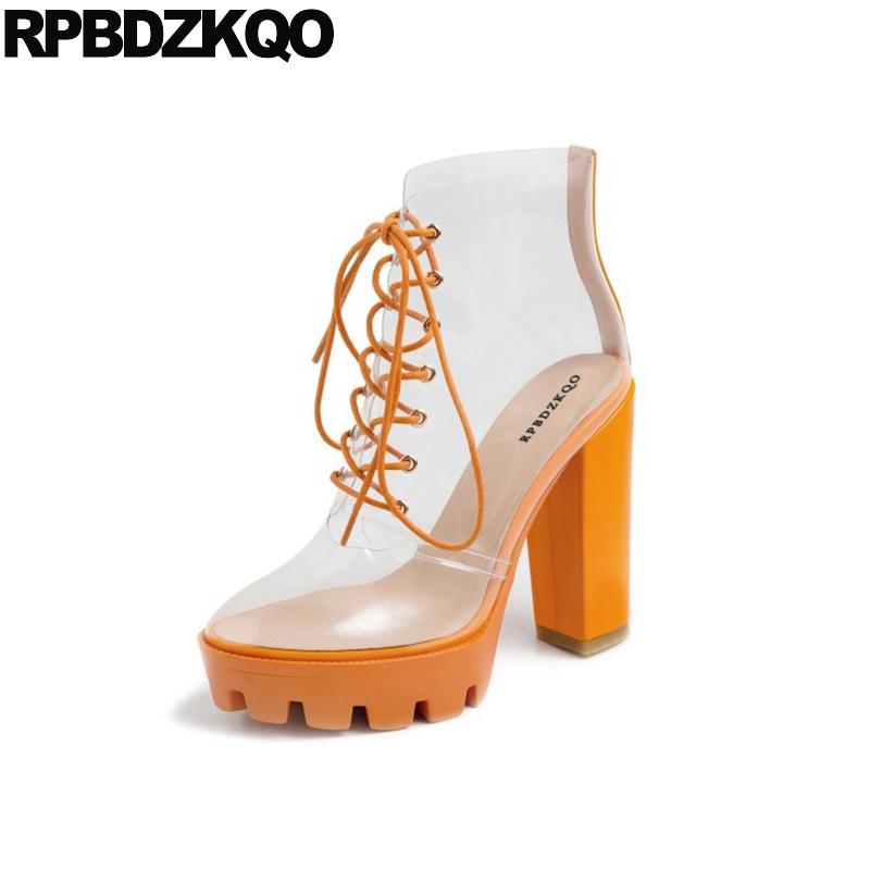 

big size extreme orange chunky pvc high heel booties women exotic dancer shoes front lace up casual ankle boots autumn stripper