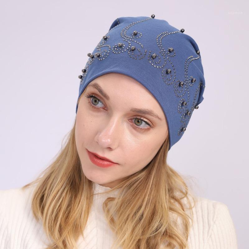 

Women's Double-layer Cotton Pearl Hot Drill Hooded Cap Warm Confinement Hat Thin Casual Pile Beanies Hat 1111, Black