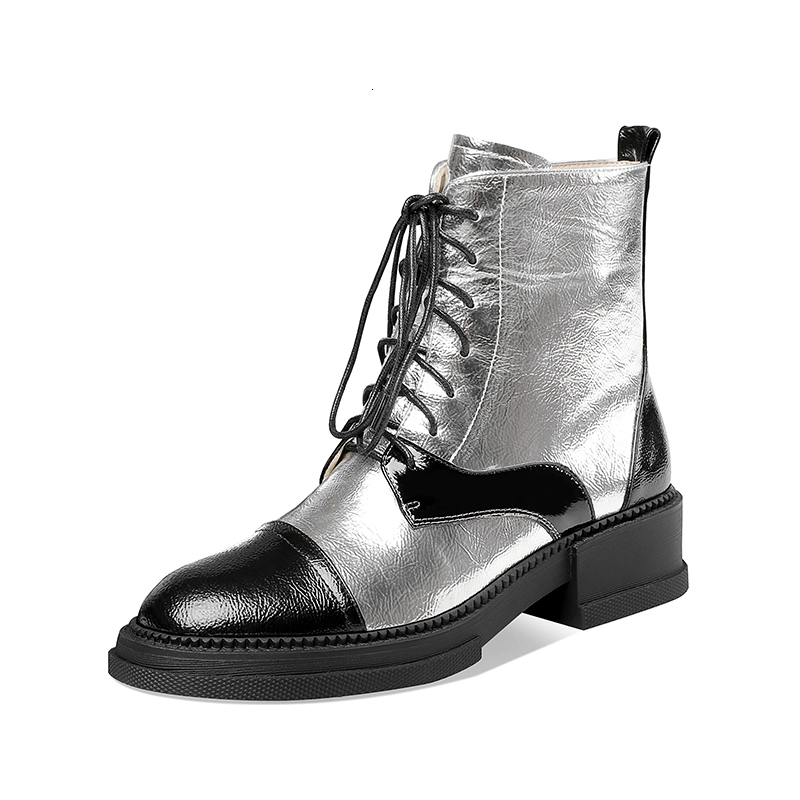 

2021 New Mixed Colors Ladies Boots Genuine Leather Lace Ip Thick Low Heels Pumps Winterautumn Fashion Party Basic Shoes Woman Qgim, Silver