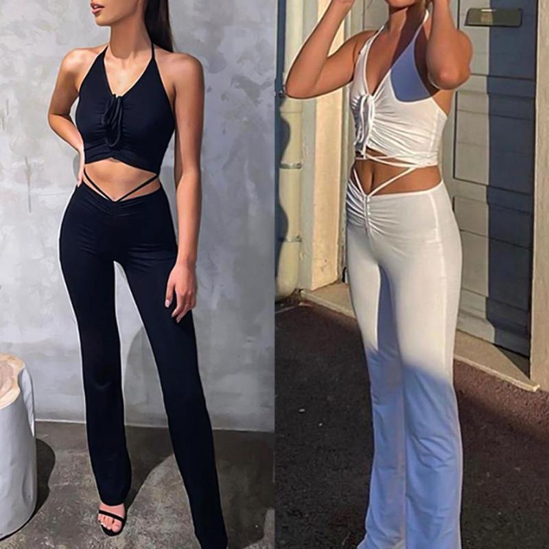 

Women's Tracksuits Sexy Women Sleeveless Halter Camisole Skinny Trousers Pants Two Piece Set Outfit Casual Outfits Summer Fashion, Gray