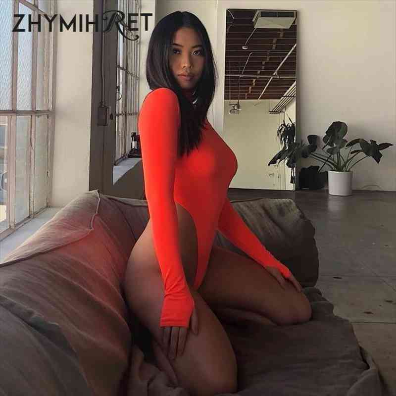 

Autumn Winter Neon Color Mock Neck Women Bodysuit Skinny Playsuit Mock Neck Long Sleeve Jumpsuit Female Romper, Black;white