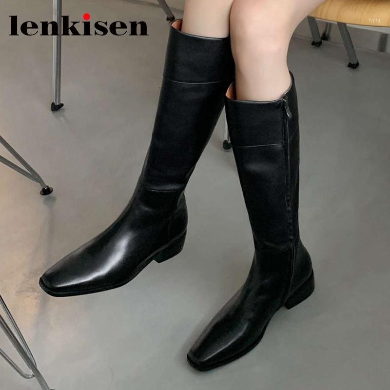 

Lenkisen genuine leather square toe med heel winter shoes simple design European style beauty lady casual knee-high boots L101, Black