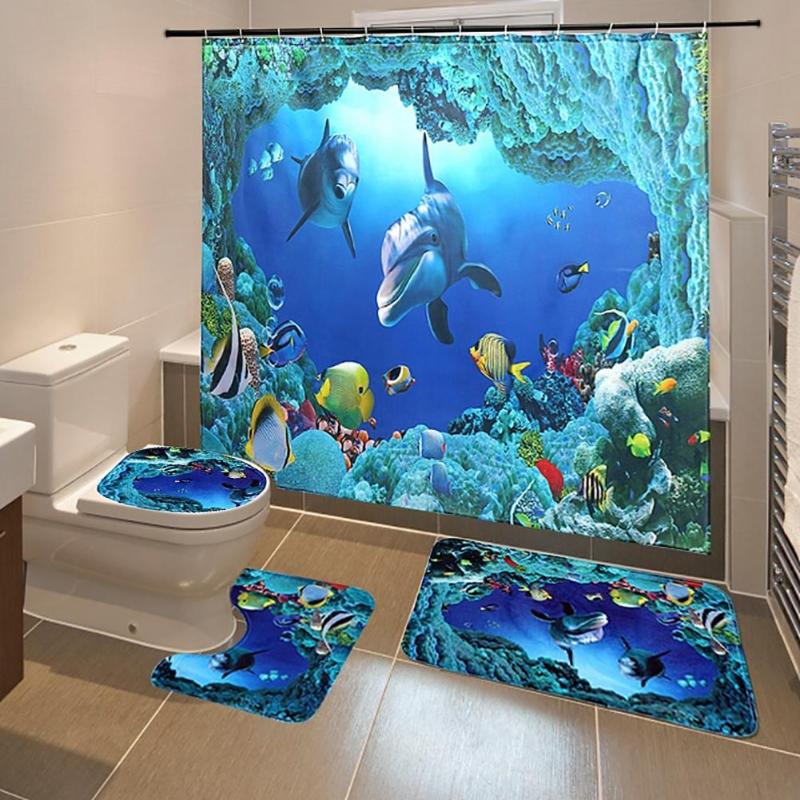 

Underwater World Bathroom Shower Curtain Pedestal Rug Lid Toilet Cover Bath Mat