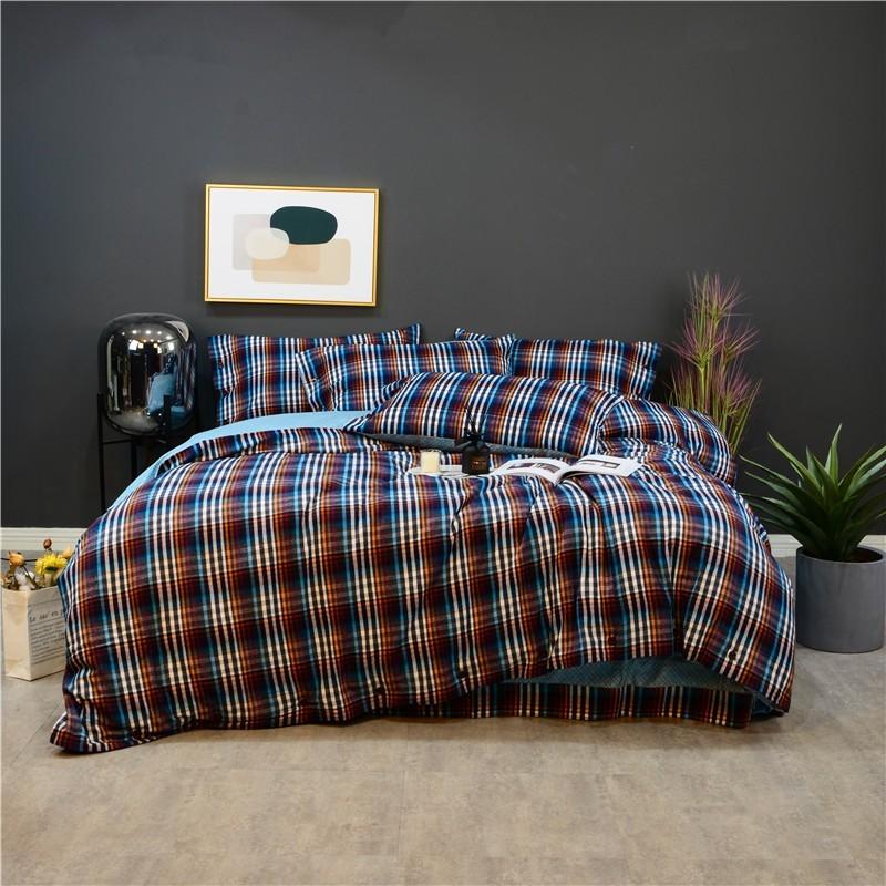 

4Pcs Plaid Gingham Bedding set with Button1 Duvet Cover+1 Bed sheet+2 Pillowcases Thick Cotton fabric 800TC Ultra Soft Warm, Color 14