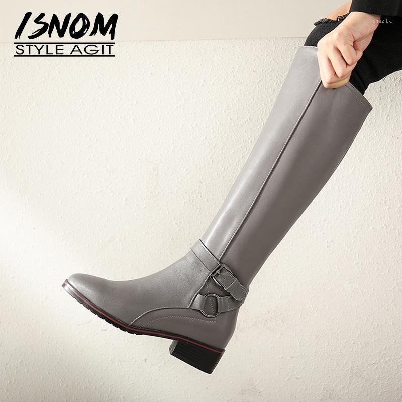 

ISNOM Motorcycle Knee High Boots Women Low Heels Boot Woman Cow Leather Shoes Female Square Toe Buckle Shoes Ladies Winter1, Black suede thinfur