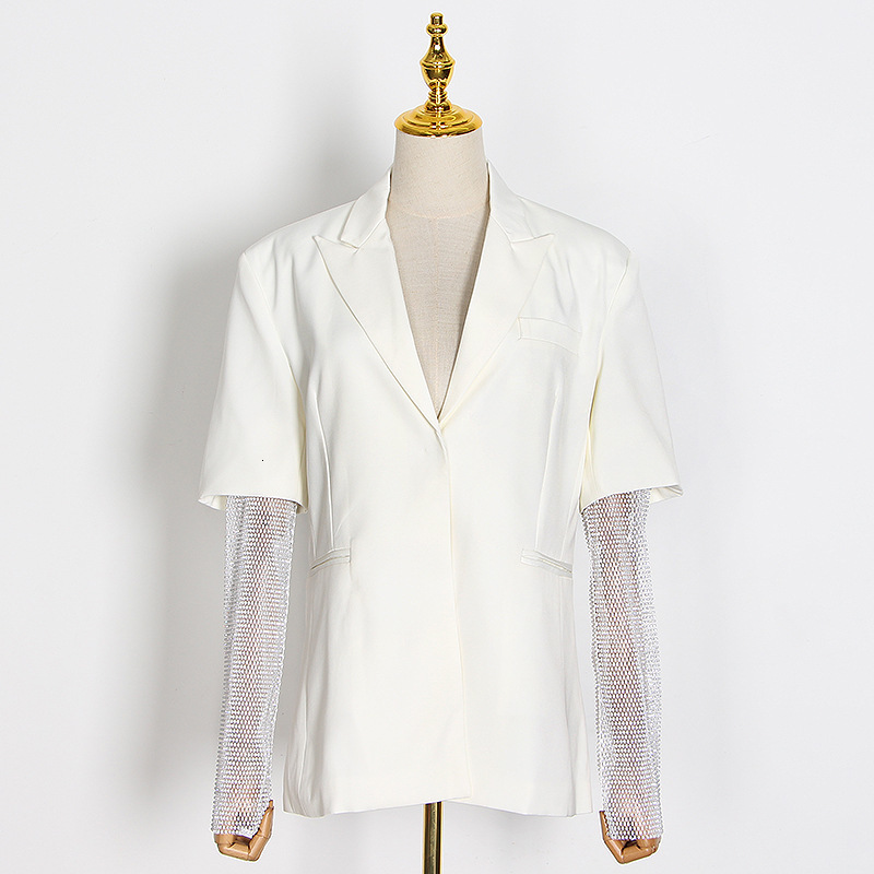 

2021 Bling Diamond White Jacket New Fall Turn-down Collar Runway Design Street Wear Casual Woman Coat Shine 1lb3