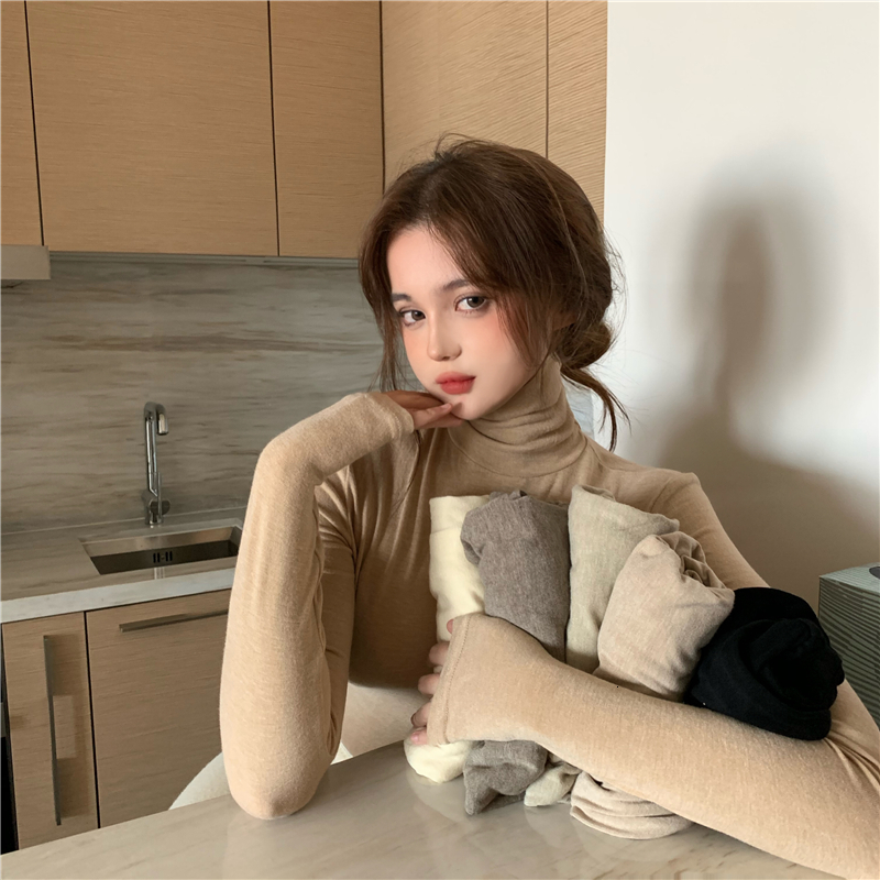 

2021 New 6 colour Korean style women knit thin tops breif small turtleneck long sleeve women's t-femme shirt (r99441) W1B8, Khaki.