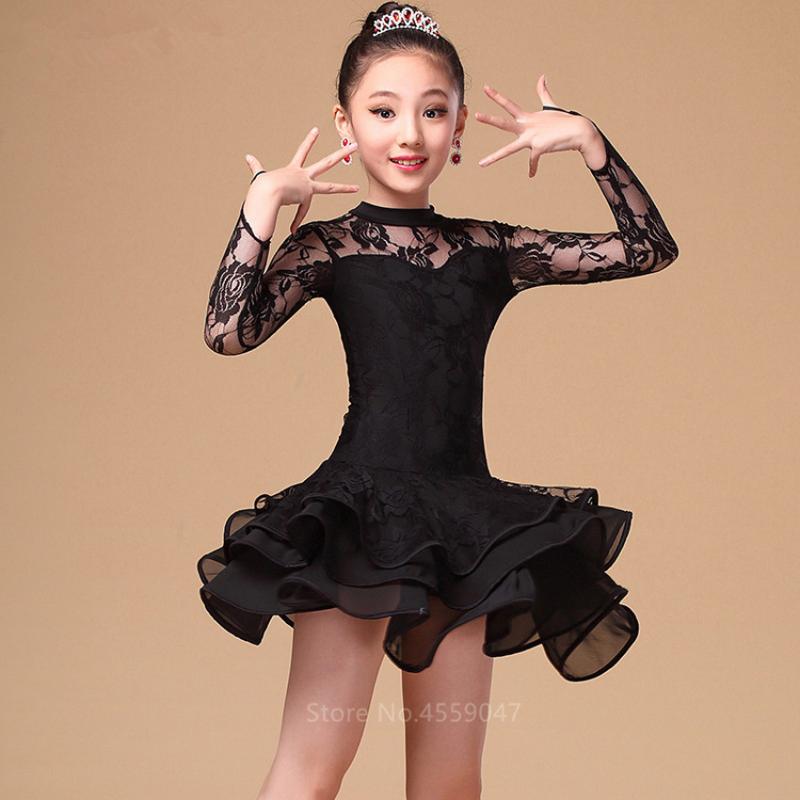 

Children Latin Dance Dress Ballroom Baby Girl Tutu Lace Black Red Design Stage Clothing Kids Salsa Samba Dance Costume 120-160CM, Color1