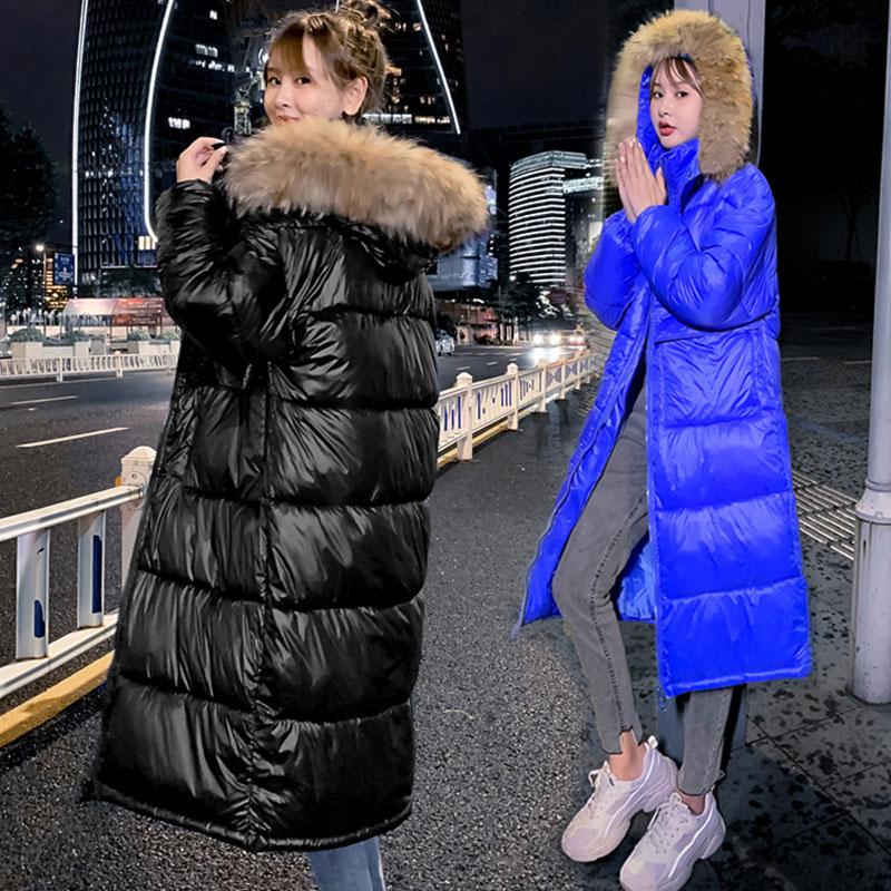 

Thick Jacket Female Winter Down Cotton Coat Loose Long Padded Jackets Solid Warm Outerwear Big Fur Collar Hooded Women Parka D30, Black