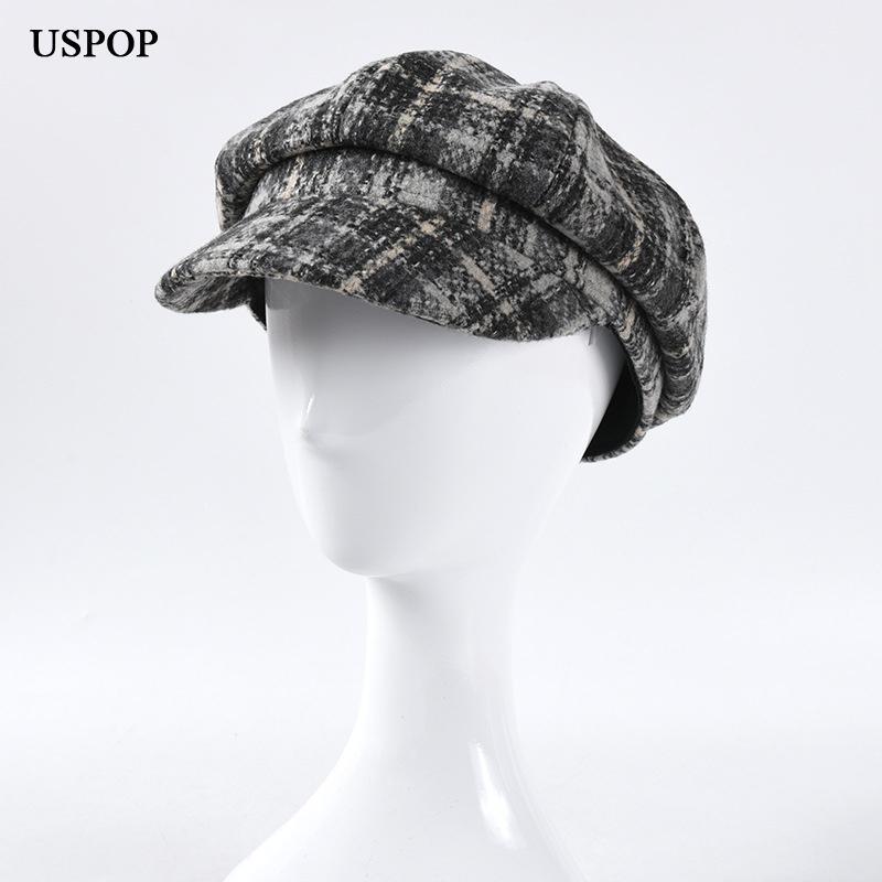 

Stingy Brim Hats USPOP Winter Wool Caps Plaid Octagonal Vintage Visor Cap Casual Berets1, Black