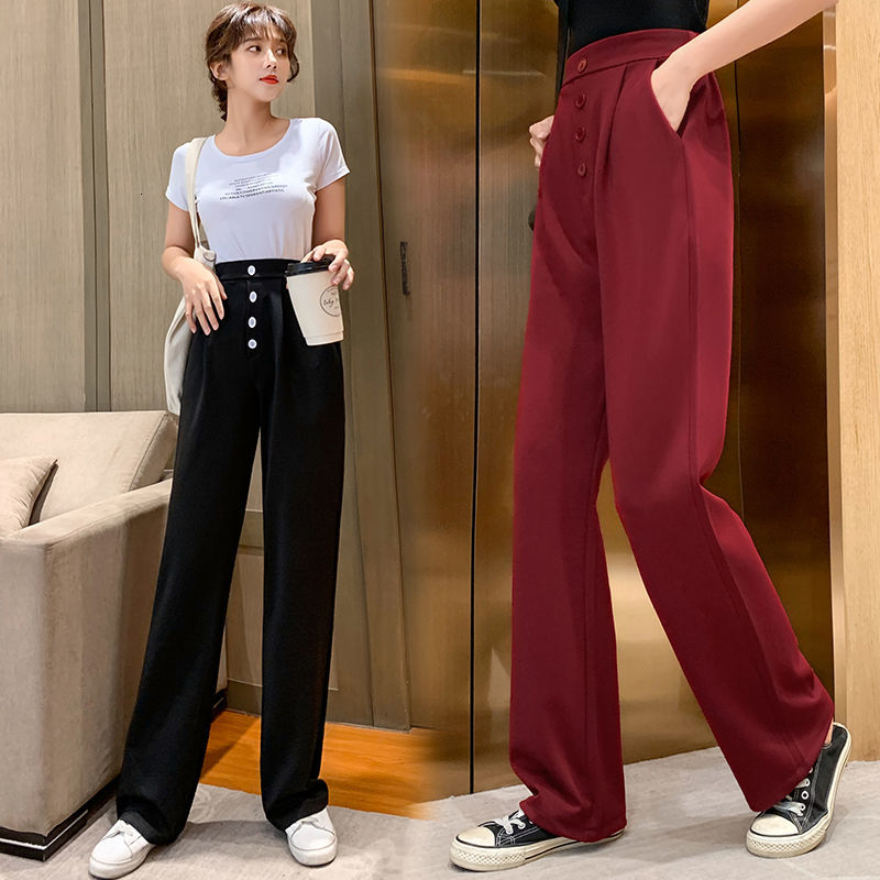 

2021 New Office Broad Legs Young Women High-fashion Solid Elastic Loose Long Pants P1AW, Red wine