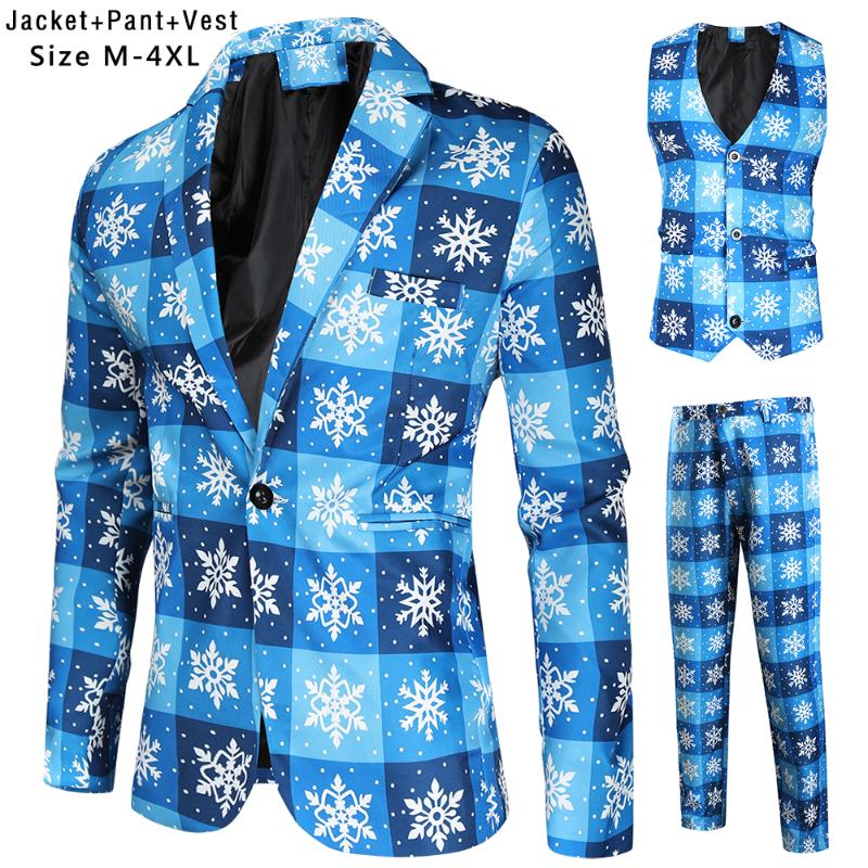 

Suits for Men 2020 New Winter Fashion Casual Men 3D Printed 3-piece Slim Christmas Men's Suit, Blue