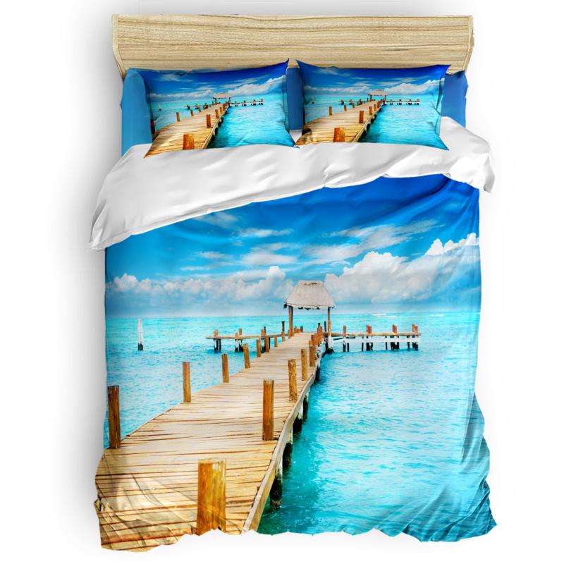

Sea Pier Wooden Bridge Duvet Cover Set Warm and Comfortable Bed Sheet Bedroom Comforter Set 2/3/4pcs Bedding, As pic