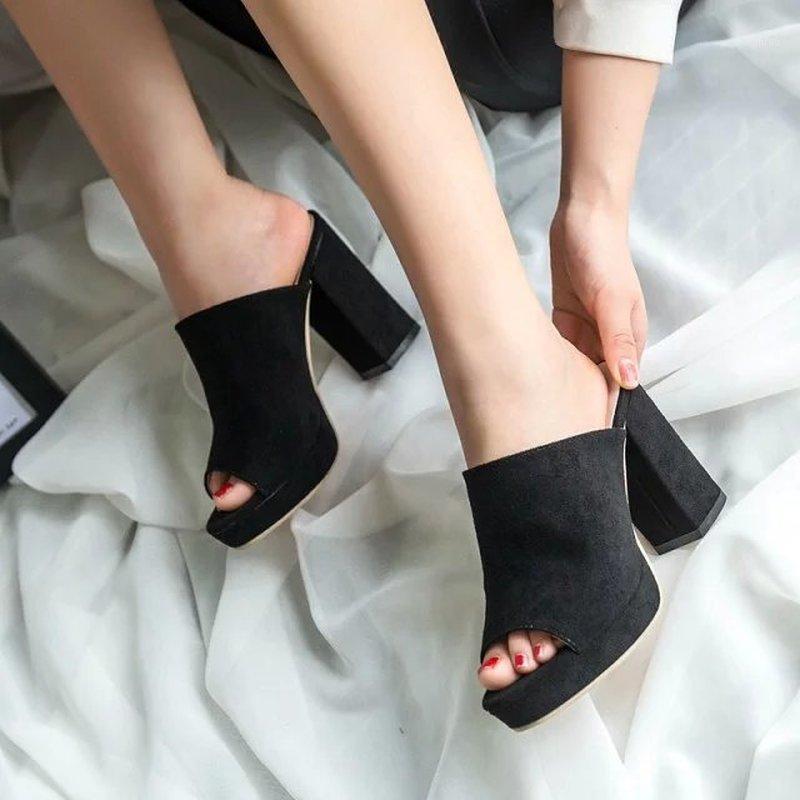 

Summer Solid Color women slippers Square High Heels Black Pink Concise Top Quality casual women mules shoes Party Slides1
