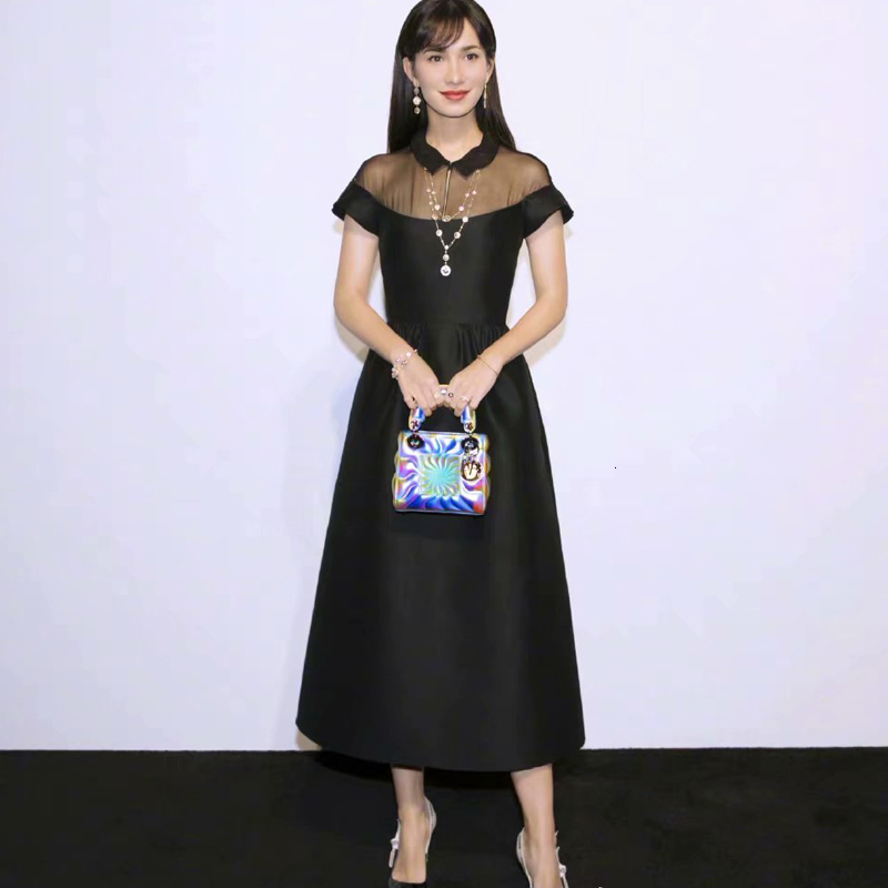 

2021 Summer Track New Short Sleeve Belt Elegant Thin Party Mid-length Length Black Dress High Quality Women's Clothes Okh8