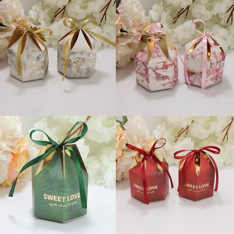 

10pcs Mini Golden Bronzing Color Hexagon Wedding Chocolate Box Candy Box Baking Package Birthday Wedding Party Decor With Ribbon