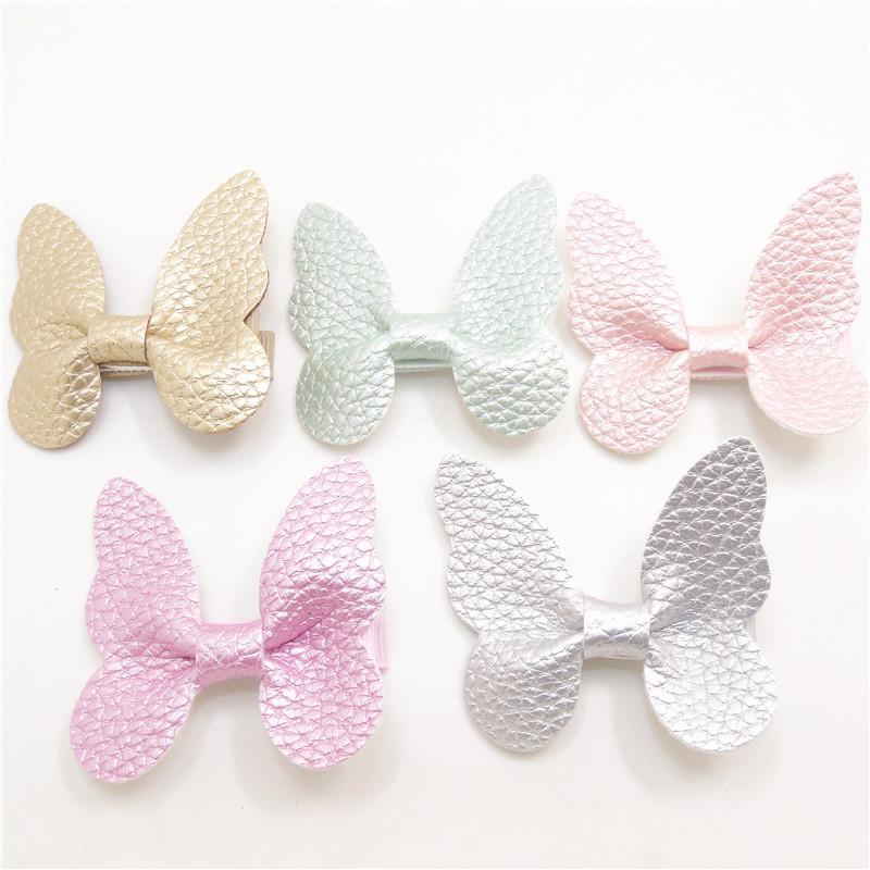 

1pc 5.5cm Big Butterfly Hair Clips Artificial Leather Bow Kid Hairpin Gold Silver Girls Party Cartoon Animal Grips, Green