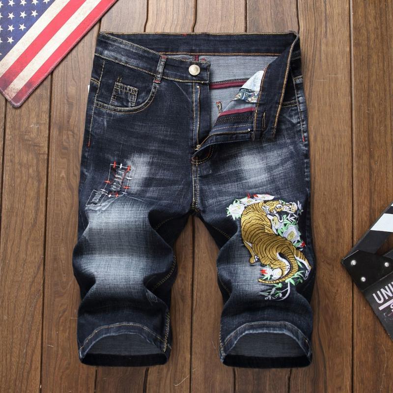 

summer Style men Shorts jeans luxury Men denim trousers zipper Dragon pattern hole Straight Shorts jeans for blue and black, 1328 black