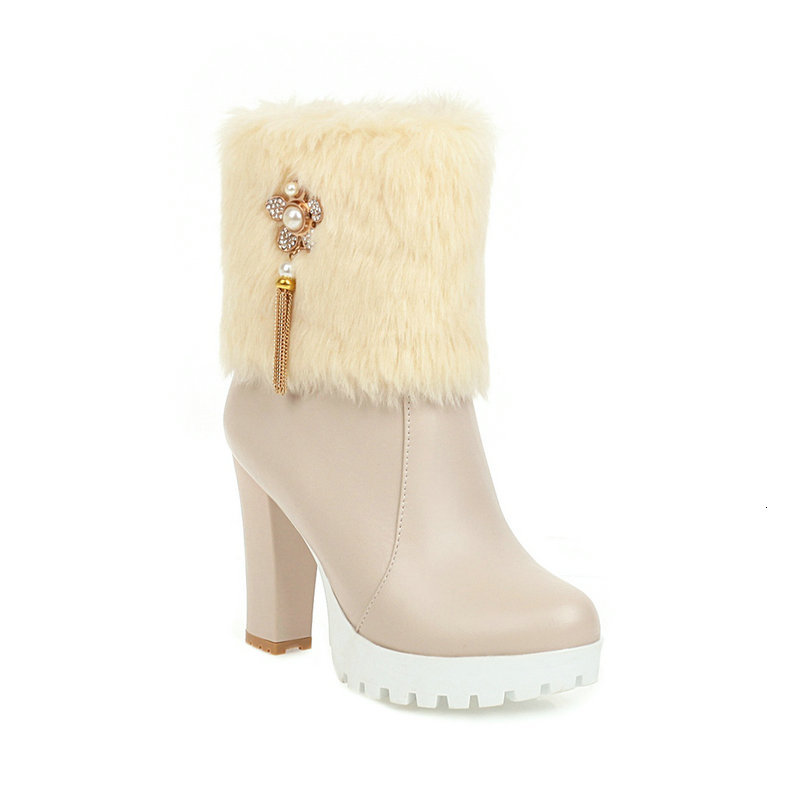 

2021 New Thick High Heels Ladies Ankle Winter Keep Warm Snow Boots Sweet Flower Women Party Shoes Large Size 33-43 N6e9, White